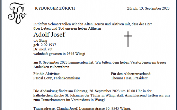 Adolf Josef v/o Bang 02.09.1937-08.09.2023