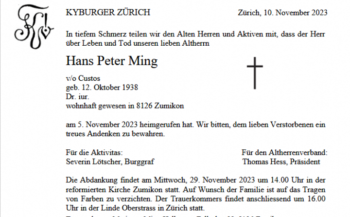 Hans Peter Ming v/o Custos 12.10.1938-05.11.2023